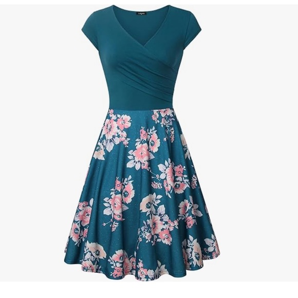 Green and Blue Fit and Flare Midi Dress with V-Neck with Pink Flowers - Picture 1 of 8